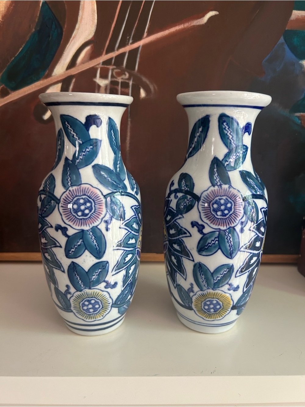 Pair Blue White Floral Ceramic Bud Vases Teal Pink Yellow Chinoiserie Decor - Picture 15 of 16